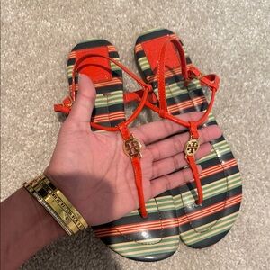 Tory Burch Orange and Black Striped Sandals